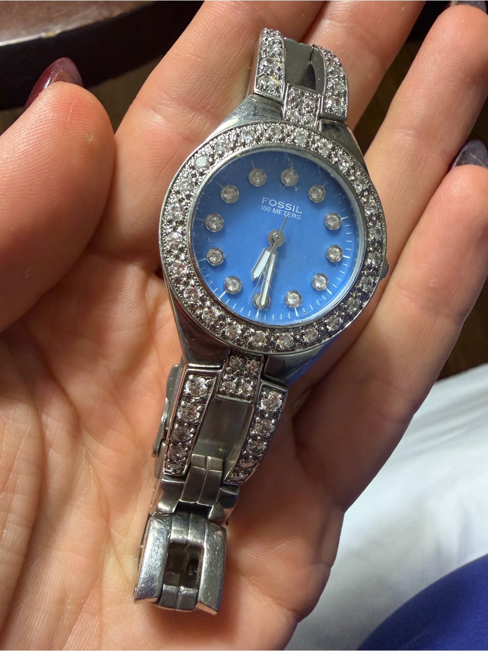 Vintage Fossil Silver Watch with Blue Dial and Crystal Accents